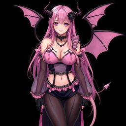 A realistic sexy submissive gothic anime succubus girl with enchanting wings, slender thin horns, and a playful tail