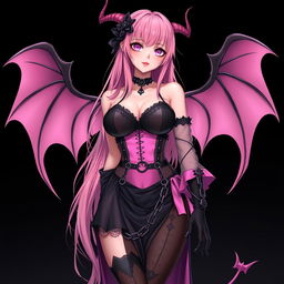 A realistic sexy submissive gothic anime succubus girl with enchanting wings, slender thin horns, and a playful tail
