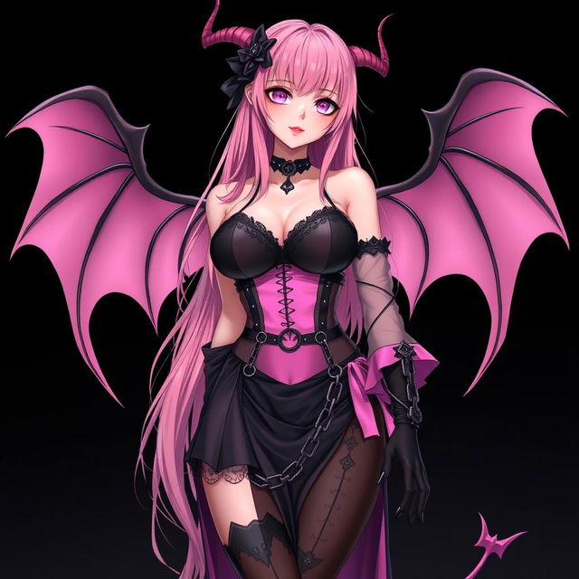 A realistic sexy submissive gothic anime succubus girl with enchanting wings, slender thin horns, and a playful tail