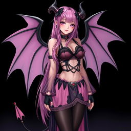 A realistic sexy submissive gothic anime succubus girl with enchanting wings, slender thin horns, and a playful tail