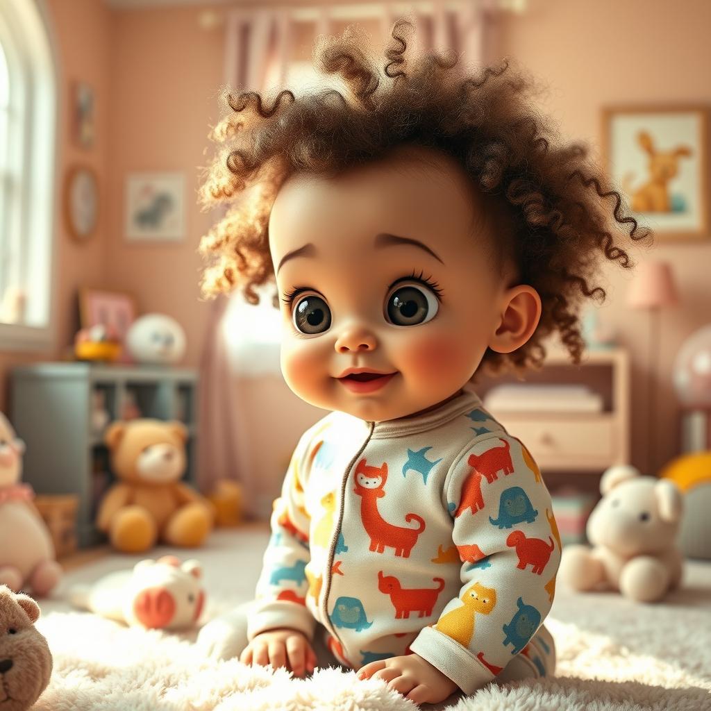 A whimsical and enchanting image featuring a unique baby with curly hair and big expressive eyes