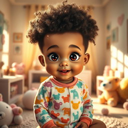 A whimsical and enchanting image featuring a unique baby with curly hair and big expressive eyes