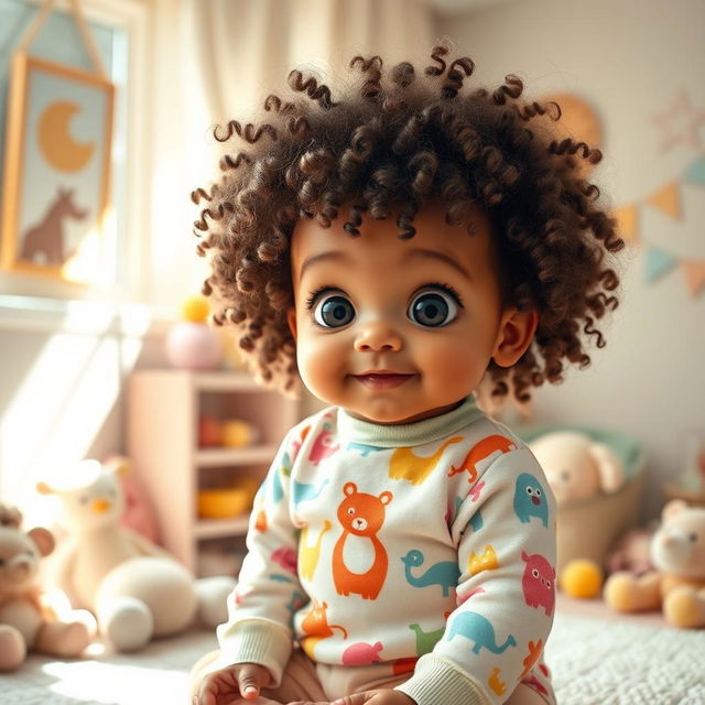 A whimsical and enchanting image featuring a unique baby with curly hair and big expressive eyes
