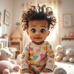 A whimsical and enchanting image featuring a unique baby with curly hair and big expressive eyes