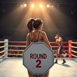 A modern and realistic depiction of a ring girl standing at the edge of a boxing ring, holding an octagonal sign that reads 'Round 2'