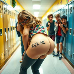 A whimsical and humorous scene set in a vibrant school hallway, featuring a close-up of a nerdy girl bending over, showcasing a playful 'KICK ME' tattoo on her bubble buttocks