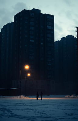 A gloomy urban scene featuring old, dark apartment buildings towering in the background, casting long shadows on the streets