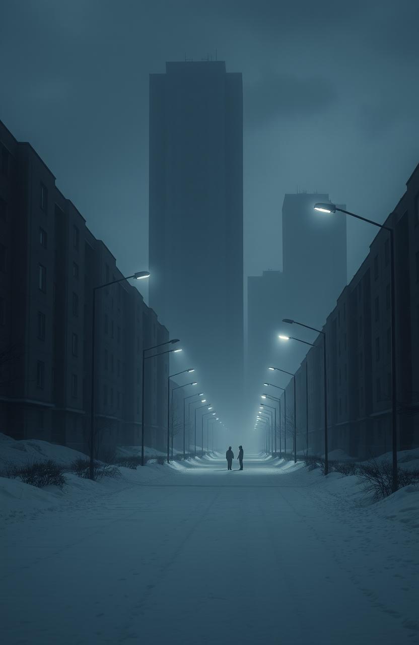 A gloomy urban scene featuring old, dark apartment buildings towering in the background, casting long shadows on the streets