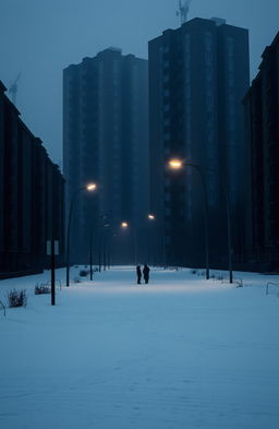 A gloomy urban scene featuring old, dark apartment buildings towering in the background, casting long shadows on the streets