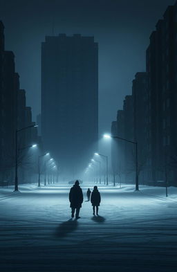 A gloomy urban scene featuring old, dark apartment buildings towering in the background, casting long shadows on the streets