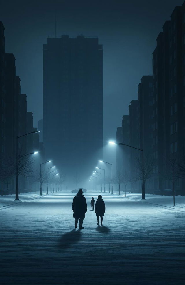 A gloomy urban scene featuring old, dark apartment buildings towering in the background, casting long shadows on the streets