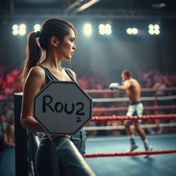 A modern and realistic image of a woman standing at the edge of a boxing ring, holding an octagonal sign that reads 'Round 2'