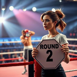 A modern and realistic image of a woman standing at the edge of a boxing ring, holding an octagonal sign that reads 'Round 2'