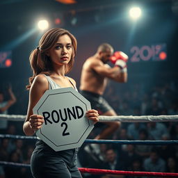 A modern and realistic image of a woman standing at the edge of a boxing ring, holding an octagonal sign that reads 'Round 2'