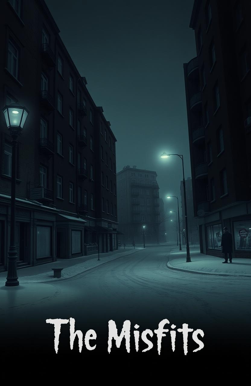 A gloomy urban scene featuring old dark apartment buildings and small, dull corner shops