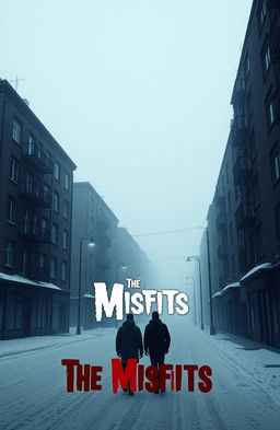 A gloomy urban scene featuring old dark apartment buildings and small, dull corner shops