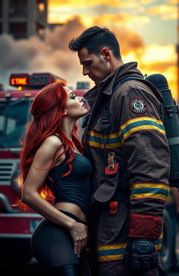 A captivating scene depicting a fiery romance between a striking red-haired model and a brave firefighter