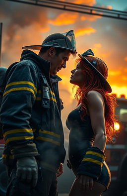 A captivating scene depicting a fiery romance between a striking red-haired model and a brave firefighter