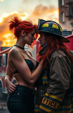 A captivating scene depicting a fiery romance between a striking red-haired model and a brave firefighter