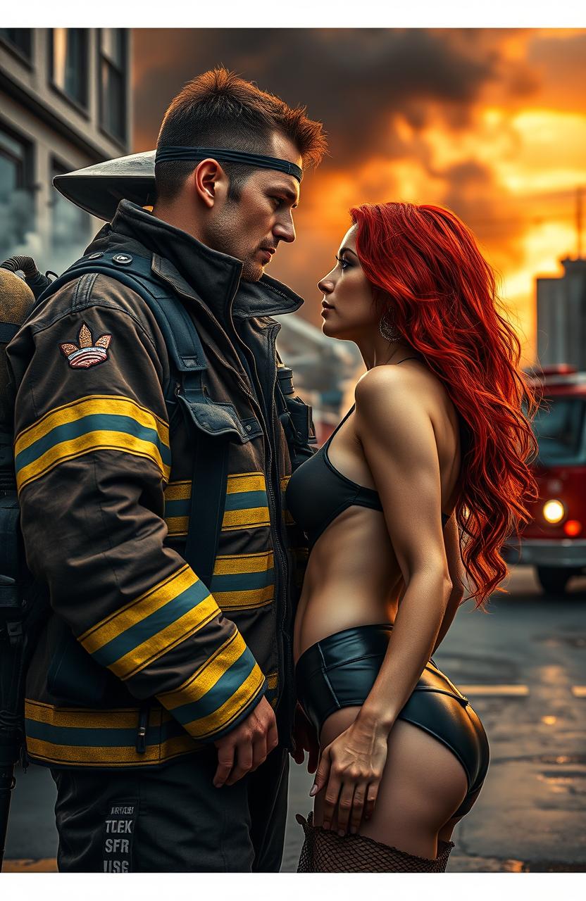 A captivating scene depicting a fiery romance between a striking red-haired model and a brave firefighter
