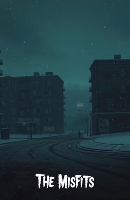 A realistic scene depicting a gloomy urban landscape, featuring old dark apartment buildings and small dull corner shops