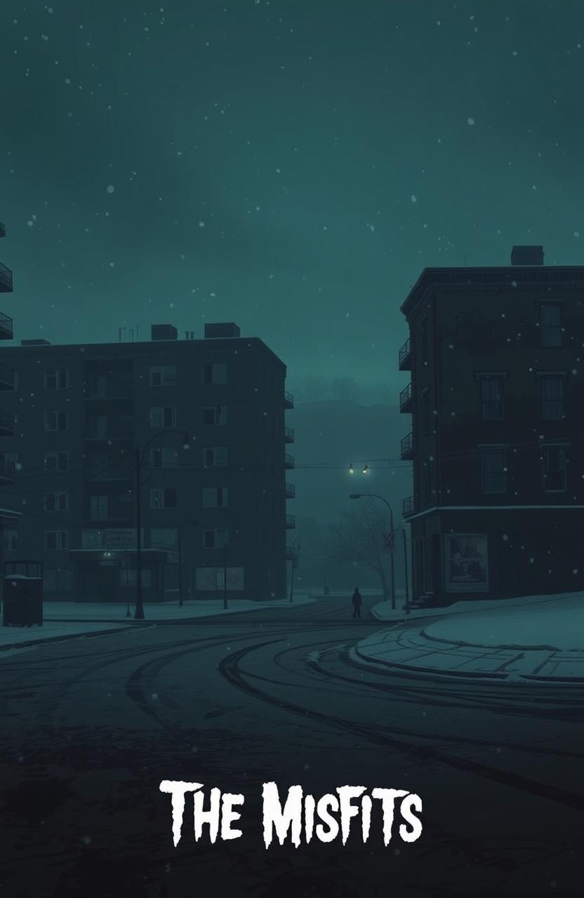 A realistic scene depicting a gloomy urban landscape, featuring old dark apartment buildings and small dull corner shops