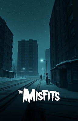 A realistic scene depicting a gloomy urban landscape, featuring old dark apartment buildings and small dull corner shops