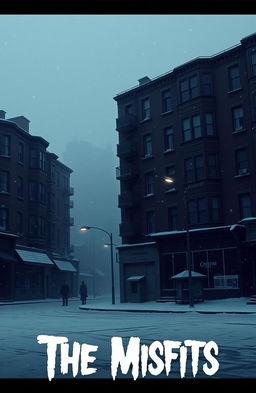 A realistic scene depicting a gloomy urban landscape, featuring old dark apartment buildings and small dull corner shops