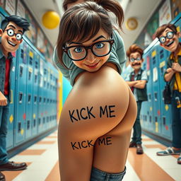 A lighthearted and humorous scene in a school environment, focusing on a close-up view of a nerdy woman bending over, revealing a playful 'KICK ME' tattoo on her bubble buttocks