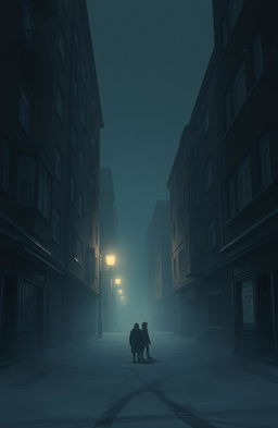 A realistic and gloomy urban scene titled 'The Misfits', featuring old, dark apartment buildings and small, dull corner shops