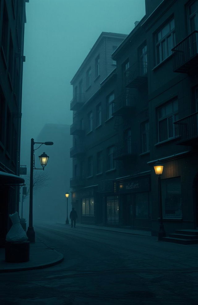 A realistic and gloomy urban scene titled 'The Misfits', featuring old, dark apartment buildings and small, dull corner shops