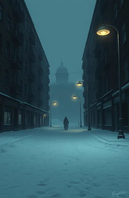 A realistic and gloomy urban scene titled 'The Misfits', featuring old, dark apartment buildings and small, dull corner shops