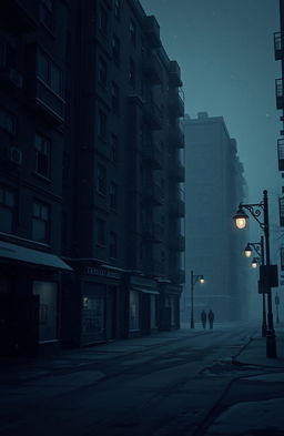 A realistic and gloomy urban scene titled 'The Misfits', featuring old, dark apartment buildings and small, dull corner shops
