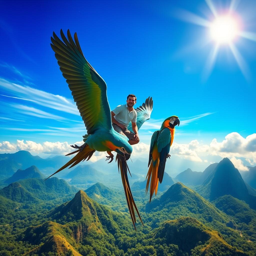 An epic scene of Edmundo Gonzáles Urrutia riding a giant macaw, soaring high in the sky with a vivid blue and green plumage
