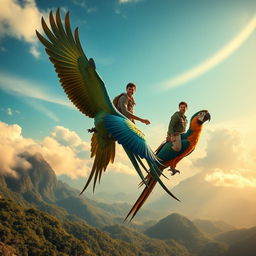 An epic scene of Edmundo Gonzáles Urrutia riding a giant macaw, soaring high in the sky with a vivid blue and green plumage
