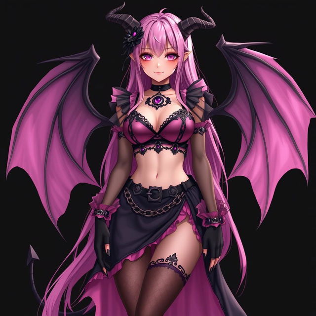 A realistic sexy submissive gothic anime succubus girl, showcasing intricate wings, slender thin horns, and a playful tail