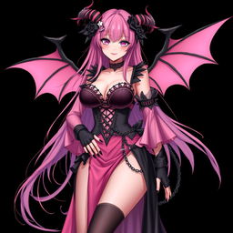 A realistic sexy submissive gothic anime succubus girl, showcasing intricate wings, slender thin horns, and a playful tail