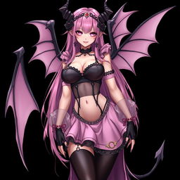 A realistic sexy submissive gothic anime succubus girl, showcasing intricate wings, slender thin horns, and a playful tail