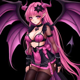 A realistic sexy submissive gothic anime succubus girl, showcasing intricate wings, slender thin horns, and a playful tail