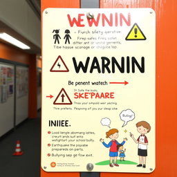 A creative artistic warning sign aimed at preventing various disasters in a school setting