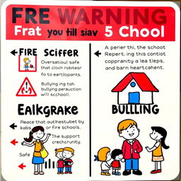 A creative artistic warning sign aimed at preventing various disasters in a school setting