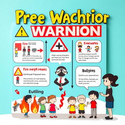 A creative artistic warning sign aimed at preventing various disasters in a school setting