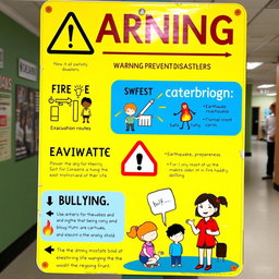 A creative artistic warning sign aimed at preventing various disasters in a school setting