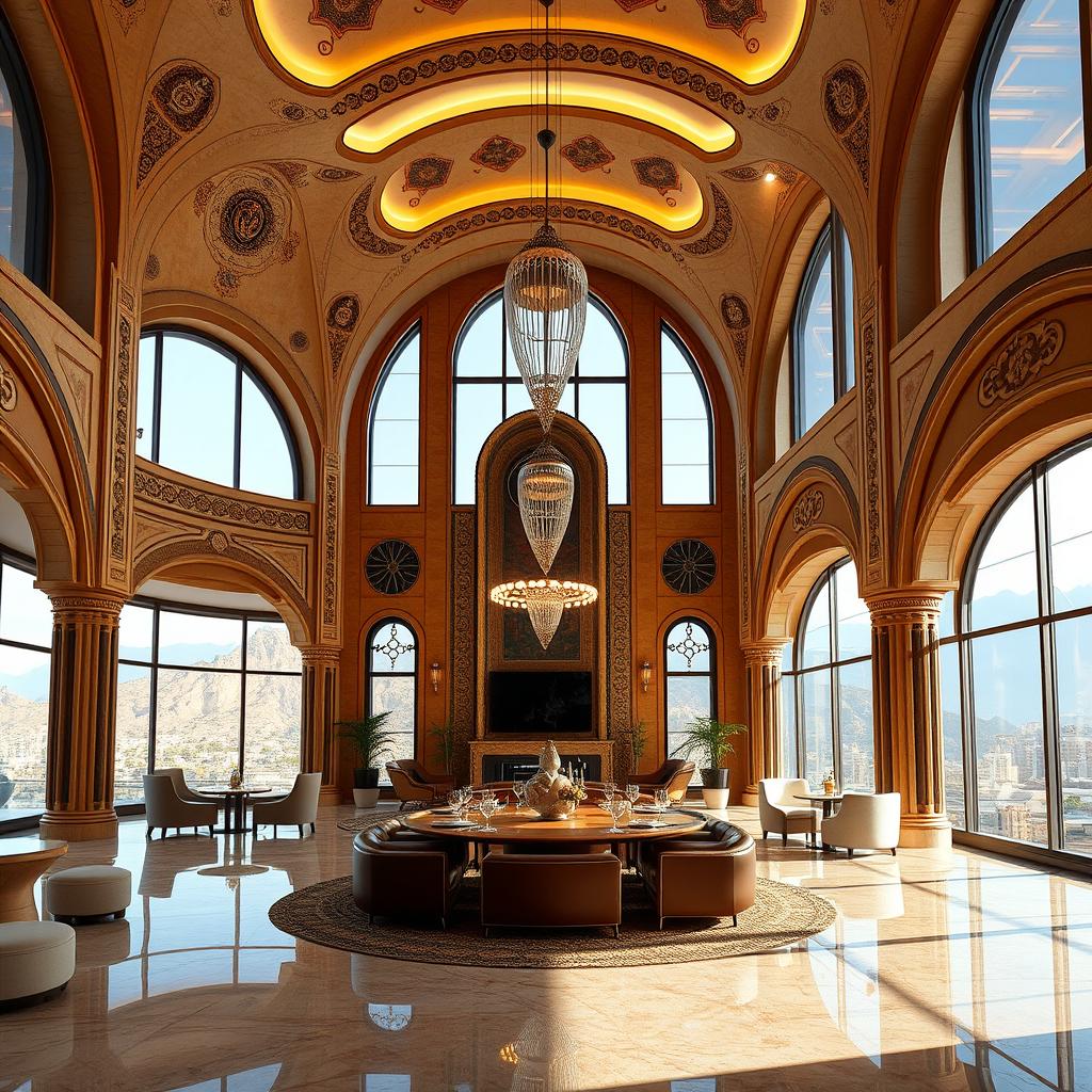 A stunning interior architecture project that beautifully blends traditional Lebanese design elements with a modern futuristic style