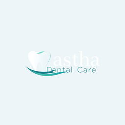 A stunning, modern logo design for "Aastha Dental Care" featuring a tooth icon integrated with a gentle, flowing wave to symbolize care and comfort