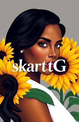 A realistic logo featuring a brown-skinned woman with black hair, surrounded by sunflowers