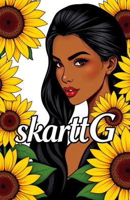A realistic logo featuring a brown-skinned woman with black hair, surrounded by sunflowers