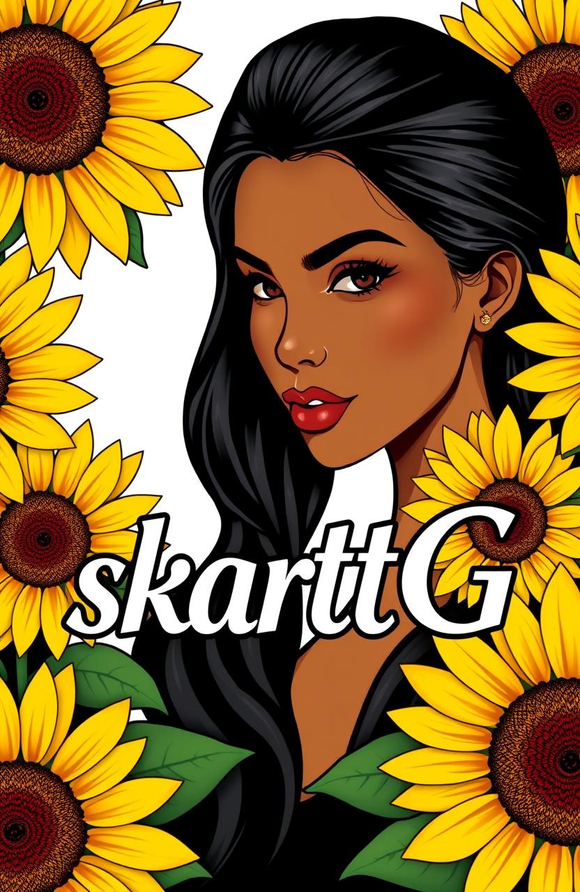 A realistic logo featuring a brown-skinned woman with black hair, surrounded by sunflowers