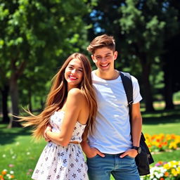 A beautiful woman with long flowing brunette hair wearing a trendy summer dress, standing playfully next to a casually dressed young man in a park