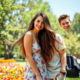 A beautiful woman with long flowing brunette hair wearing a trendy summer dress, standing playfully next to a casually dressed young man in a park